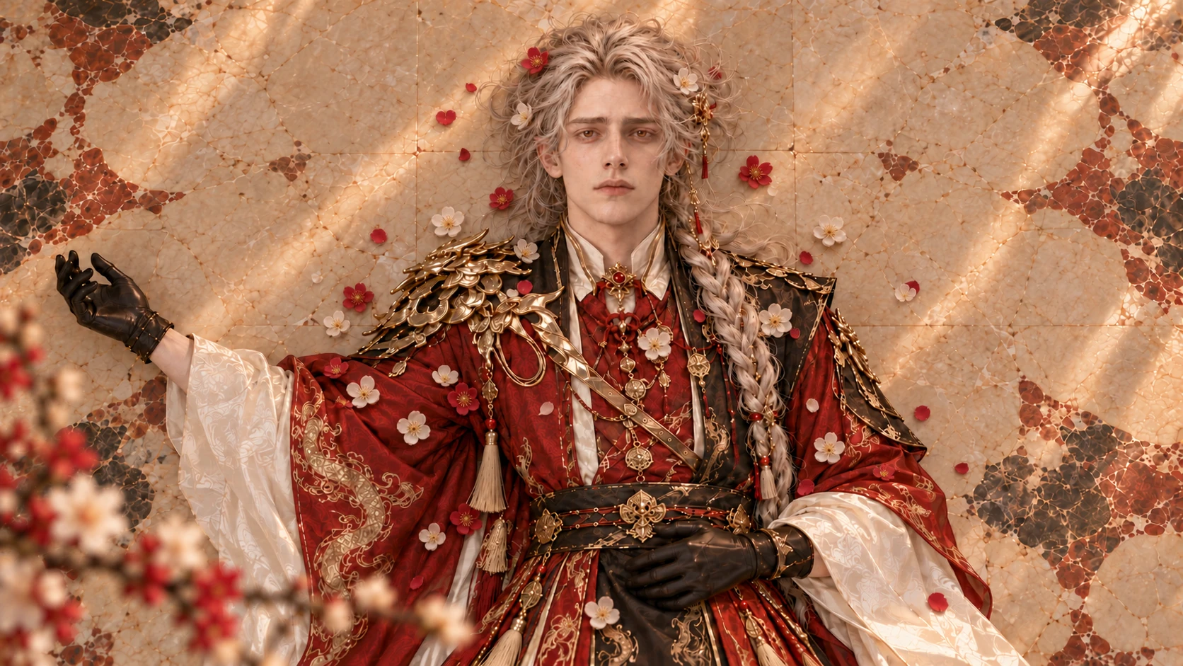 红白梅花与红金华服人物