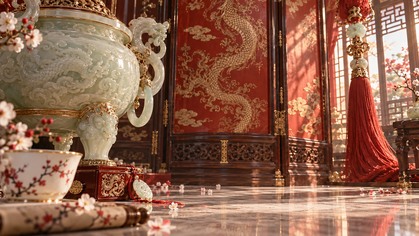 玉炉与金色屏风构成的宫廷场景