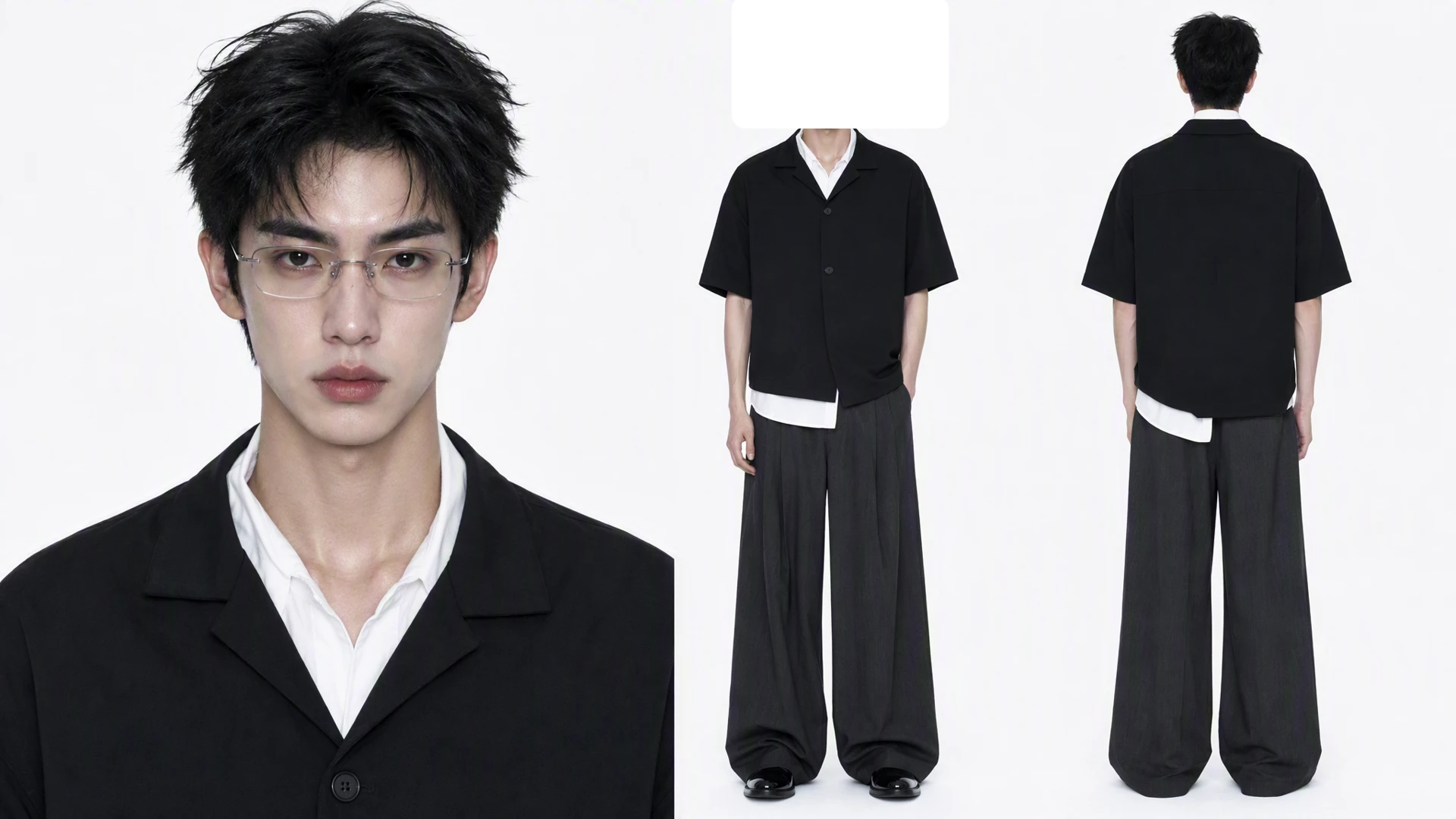 黑发眼镜青年肖像与黑色服装正背面