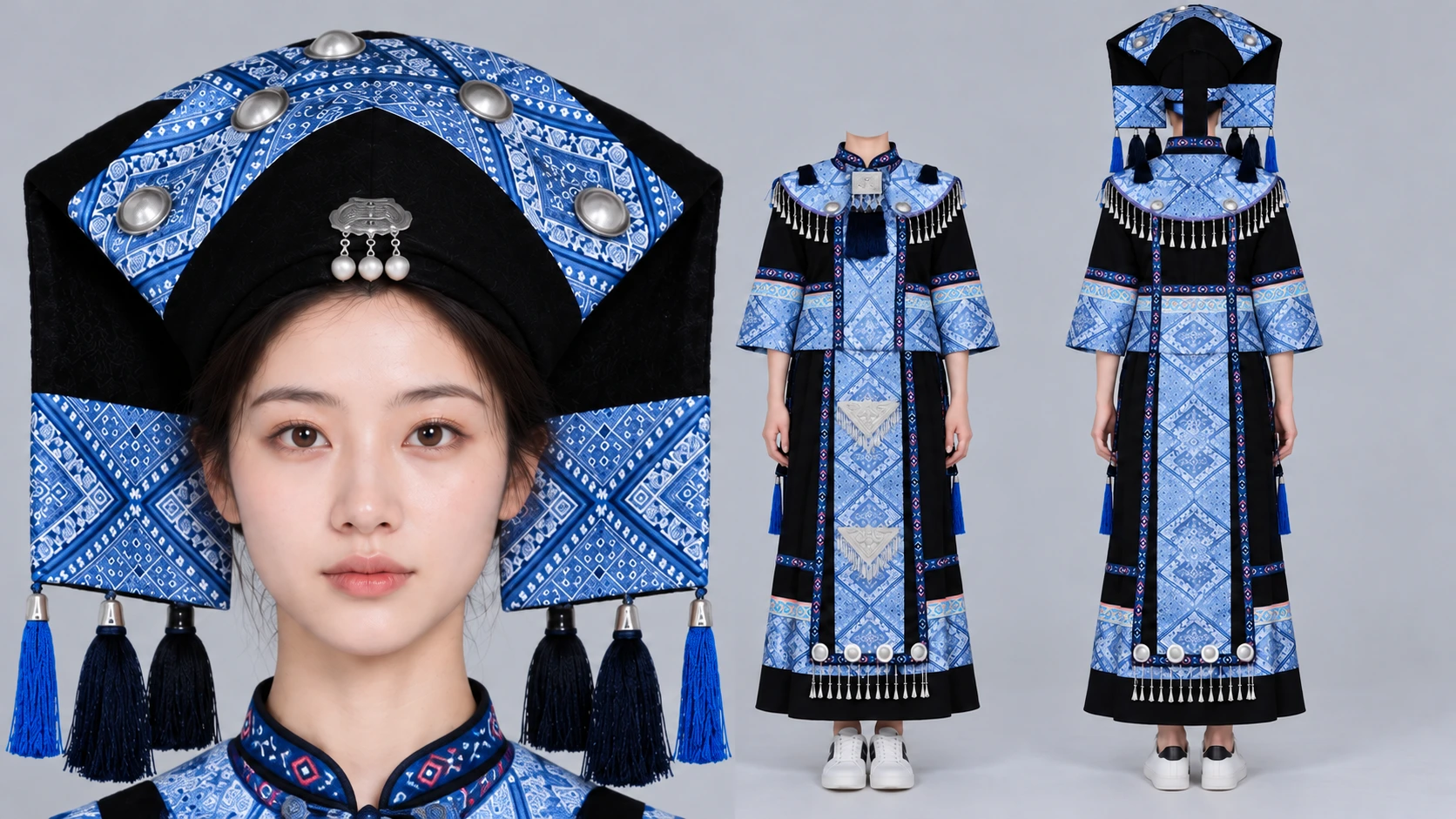蓝白黑民族服饰人物肖像与服装正背视图